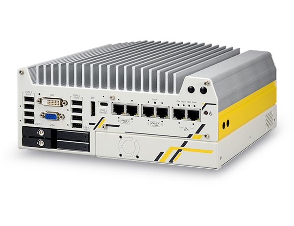 Rugged in-vehicle controller with 4x M12 PoE+, CAN, DIO and PCIe cassette.