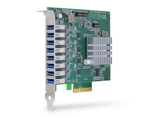 Industrial 8-port USB 3.1 Gen1 frame grabber card with four independent controllers.