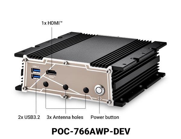 Development version of the Core i3-N305 POC-766AWP platform with accessible rear I/O.